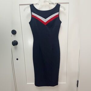 Bettie Page Blue Midi Dress with Red and White Chevron